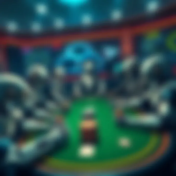 Illustration of Texas Hold'em poker table with bots displaying various emotions and playing styles, resembling real players.