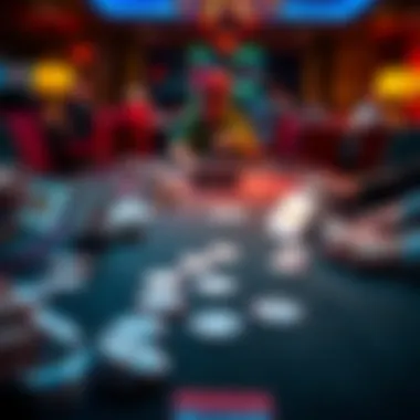 A table showing players engaged in Texas Hold'em poker with several decks of cards laid out.