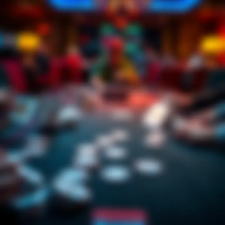 A table showing players engaged in Texas Hold'em poker with several decks of cards laid out.