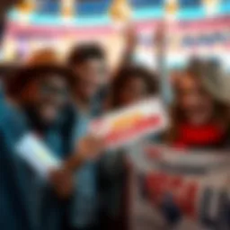 Texas Lottery Mega Millions Celebration People celebrating winning the Mega Millions lottery in Texas, smiling and holding tickets with excitement.