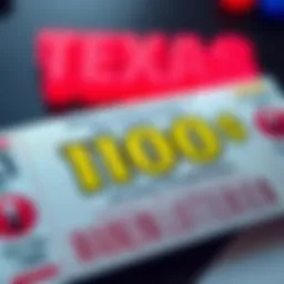 A close-up of a Texas lottery ticket with a bright design, showing winning symbols and amounts, inviting players to participate.