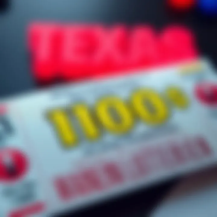 A close-up of a Texas lottery ticket with a bright design, showing winning symbols and amounts, inviting players to participate.