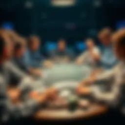 Texas Poker Table Scene A group of players gathered around a Texas poker table, focused on their hands, with cards and chips visible, highlighting the excitement of the game.