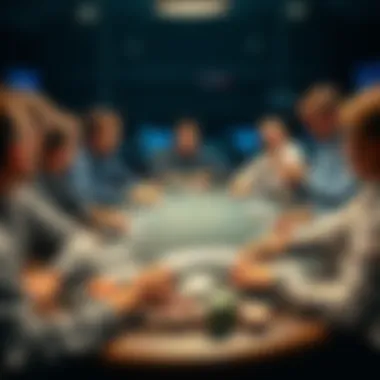 Texas Poker Table Scene A group of players gathered around a Texas poker table, focused on their hands, with cards and chips visible, highlighting the excitement of the game.