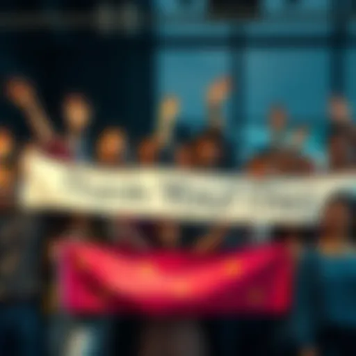 A group of diverse people celebrating and showing gratitude to the Stake community, holding banners and smiling.