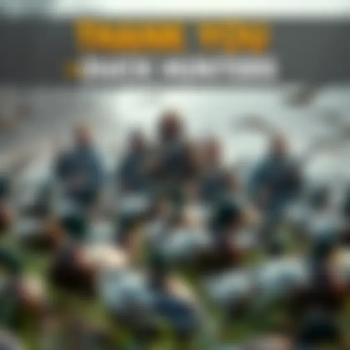 A group of duck hunters in a natural habitat, showcasing their efforts in conservation, surrounded by ducks and greenery.