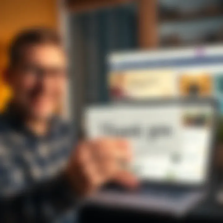 Thanking a Contributor A person smiling while holding a thank you sign in front of a laptop displaying online forums