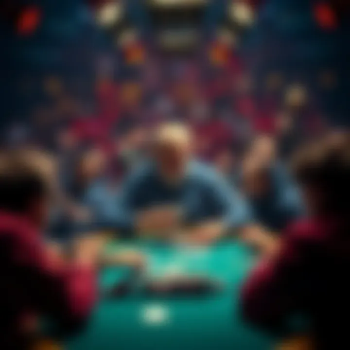 A poker player focused on his cards at the final table, surrounded by intense competitors and a cheering crowd