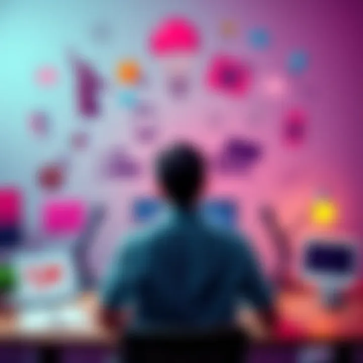 A person sitting at a desk surrounded by different ideas and concepts, representing the exploration of alternatives