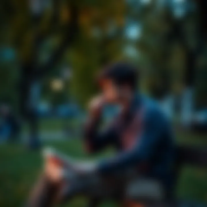 A person sitting in a park, deep in thought with a notebook in hand.