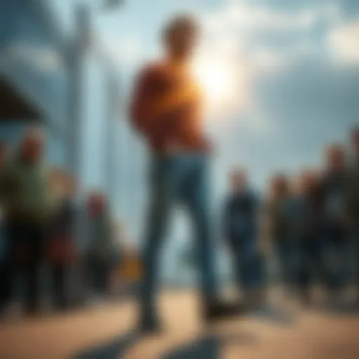 A person standing with an unusual third leg, surrounded by curious onlookers, highlighting reactions to the strange occurrence.