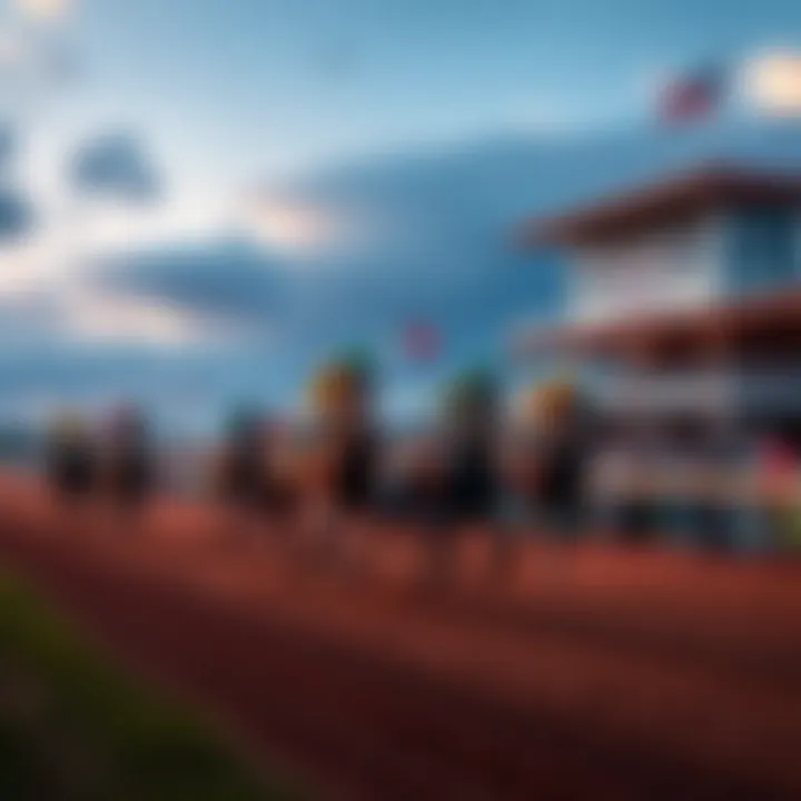 A thrilling race with horses galloping down the track at Assiniboia Downs, with cheering spectators in the background.
