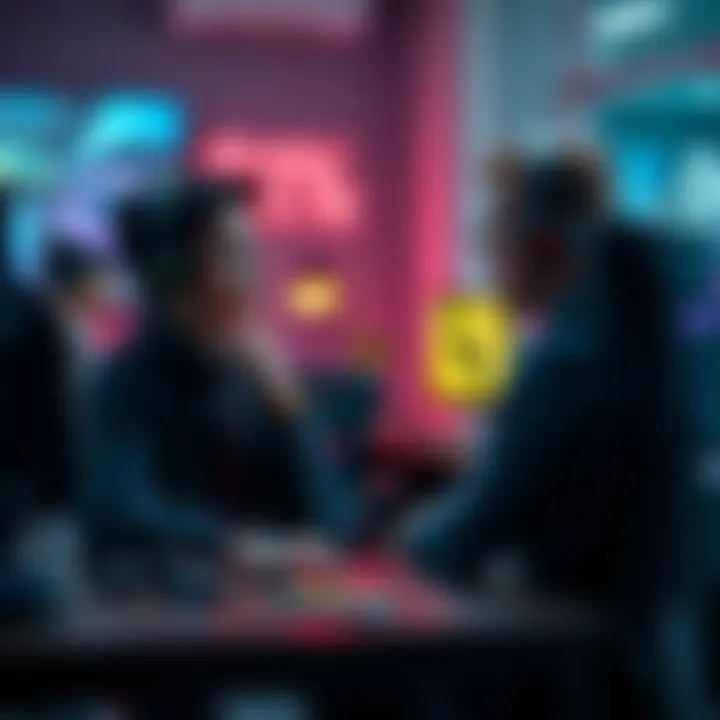 A gamer sitting at a desk, looking thoughtful while discussing Arb-ing strategies with a friend, surrounded by gaming gear.