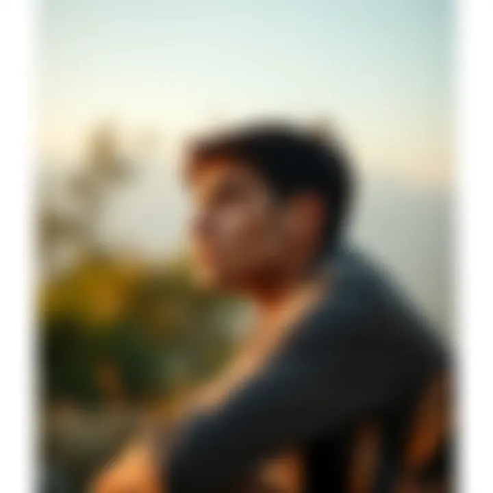 A person sitting alone, deep in thought, with a distant look in their eyes, surrounded by a blurred background of nature.