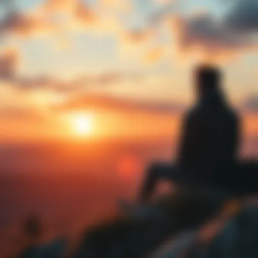 A person sitting on a hilltop, looking toward a sunrise, symbolizing hope and new ideas for the future.