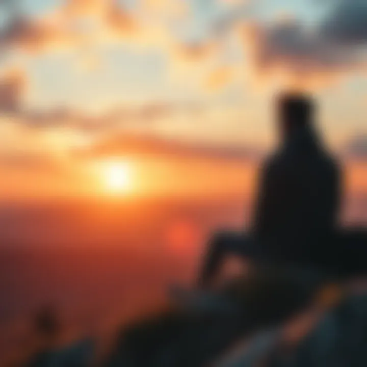A person sitting on a hilltop, looking toward a sunrise, symbolizing hope and new ideas for the future.
