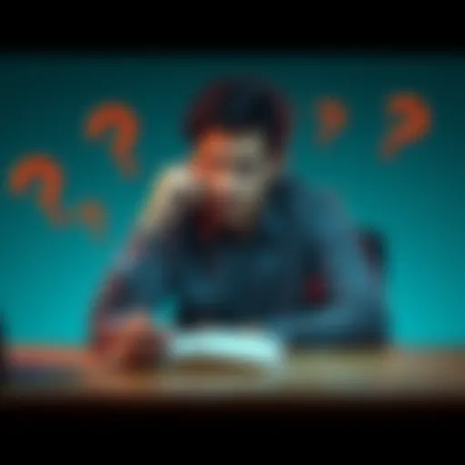A person sitting at a desk, looking thoughtful with a notebook and pen, surrounded by question marks representing unrealistic thoughts.