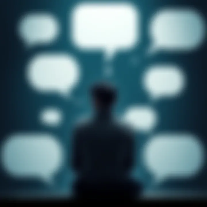 A person sitting alone with a thoughtful expression, surrounded by empty speech bubbles, symbolizing unshared thoughts.