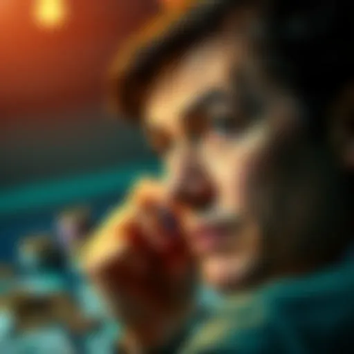 A person reflecting on their near win in a betting event, showing a thoughtful expression with money in the background.