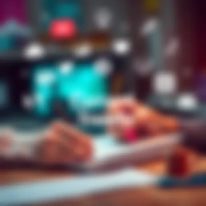 A person writing in a notebook, surrounded by icons representing various trends and discussions, like social media, technology, and health.