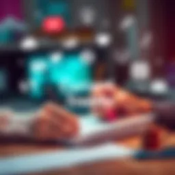 Thoughts on Current Trends A person writing in a notebook, surrounded by icons representing various trends and discussions, like social media, technology, and health.