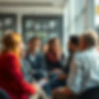 A group of diverse people discussing societal and political issues in a modern setting.