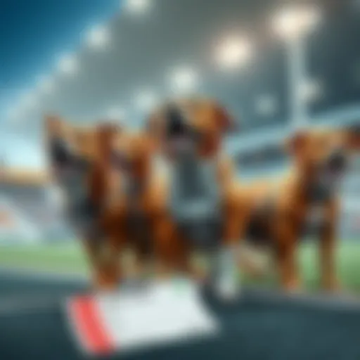 Three enthusiastic dogs lined up at a starting line, eager for a race, with a betting ticket in the foreground