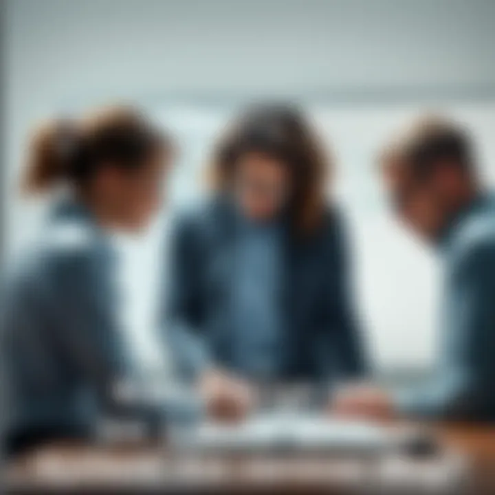 Three individuals collaborating in a small team, discussing strategies and plans with a whiteboard in the background