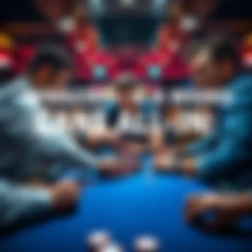 Three poker players simultaneously pushing their chips all-in at a table, showing excitement and tension during a crucial moment of the game.