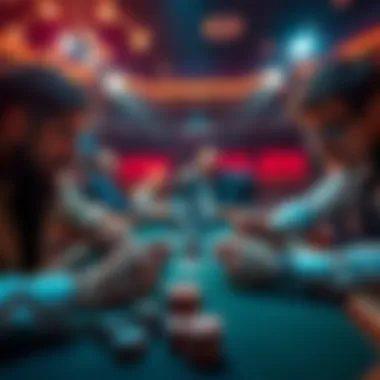 Three poker players going all-in on a flop with three streets, showcasing tense expressions and strategic moves during the game.