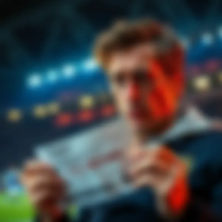 A person looking frustrated while holding a ticket and a refund notice, with a sports backdrop in the background.