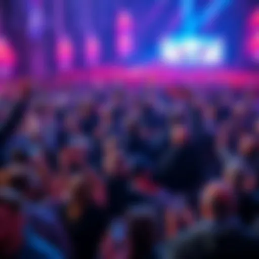 A large crowd excitedly participating in a ticket giveaway, with some holding tickets and watching a livestream announcement.