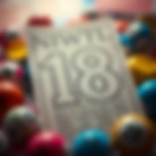 Close-up of a ticket displaying the number 18 prominently, surrounded by lottery symbols and colors.