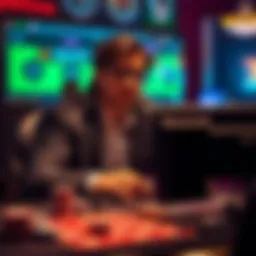 A player looking frustrated at a computer in a crypto casino, showing signs of tilt with empty chip trays around them.