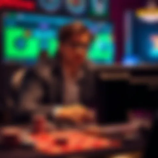 A player looking frustrated at a computer in a crypto casino, showing signs of tilt with empty chip trays around them.