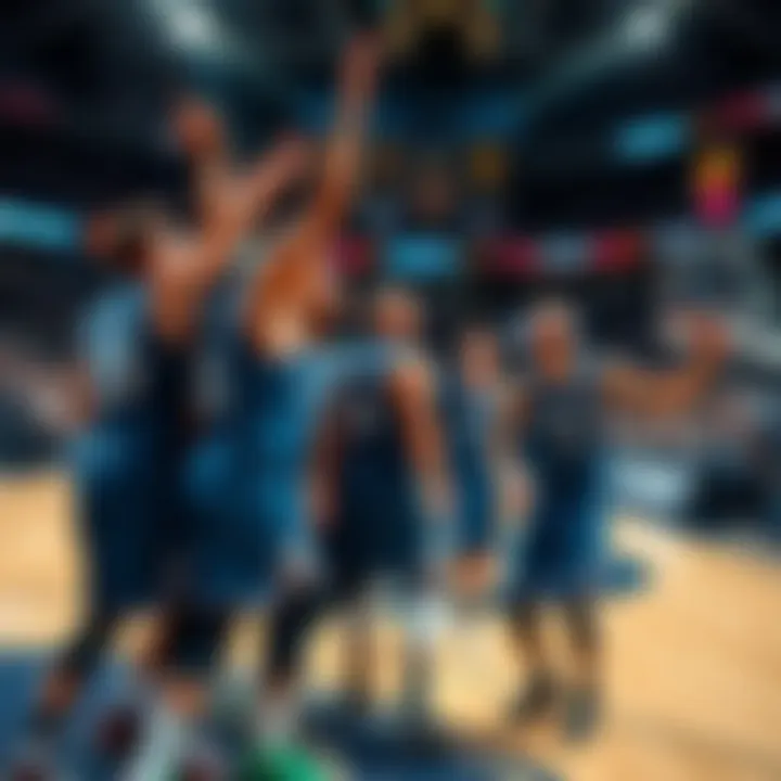 Timberwolves players celebrate a 40-point victory on the court, showing excitement and teamwork after the game.