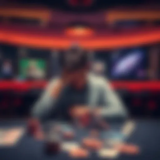 A person sitting alone at a table with gambling chips and cards, looking contemplative and stressed, symbolizing the need for a pause from gambling.