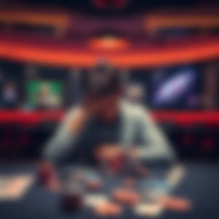 A person sitting alone at a table with gambling chips and cards, looking contemplative and stressed, symbolizing the need for a pause from gambling.