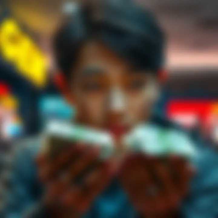 A person looking at a stack of cash with a thoughtful expression, considering strategies to improve their daily reload gaming experience.