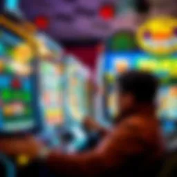 A person examining a slot machine screen with colorful symbols