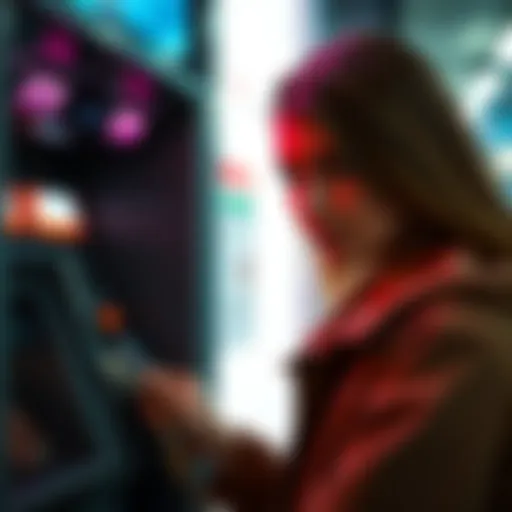 A person using an ATM to withdraw cash with a look of focus