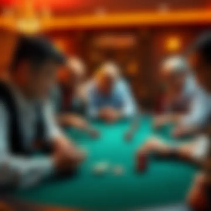 A group of players carefully considering their poker hands at a game table, with chips in front of them, showing focused expressions