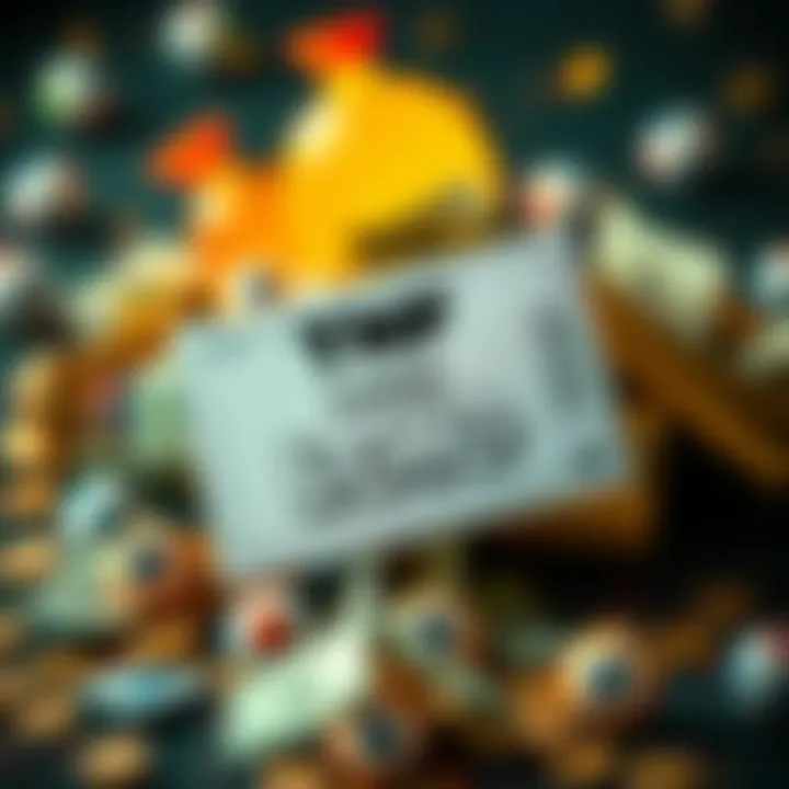 A TNF Lotto ticket surrounded by symbols of money and chance, representing the excitement of the lottery game.