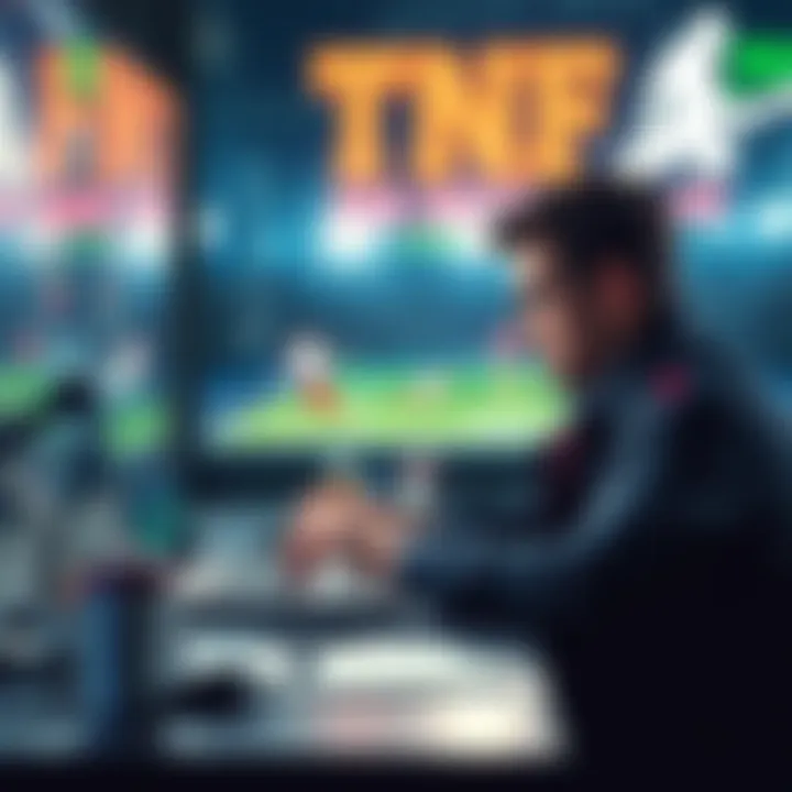 A person analyzing betting strategies on a laptop with sports graphics in the background