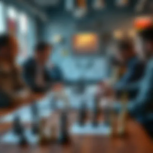 A group of players analyzing game strategies at a table with game pieces and charts