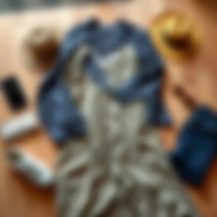 A stylish outfit laid out featuring a dress and accessories with a cheerful vibe