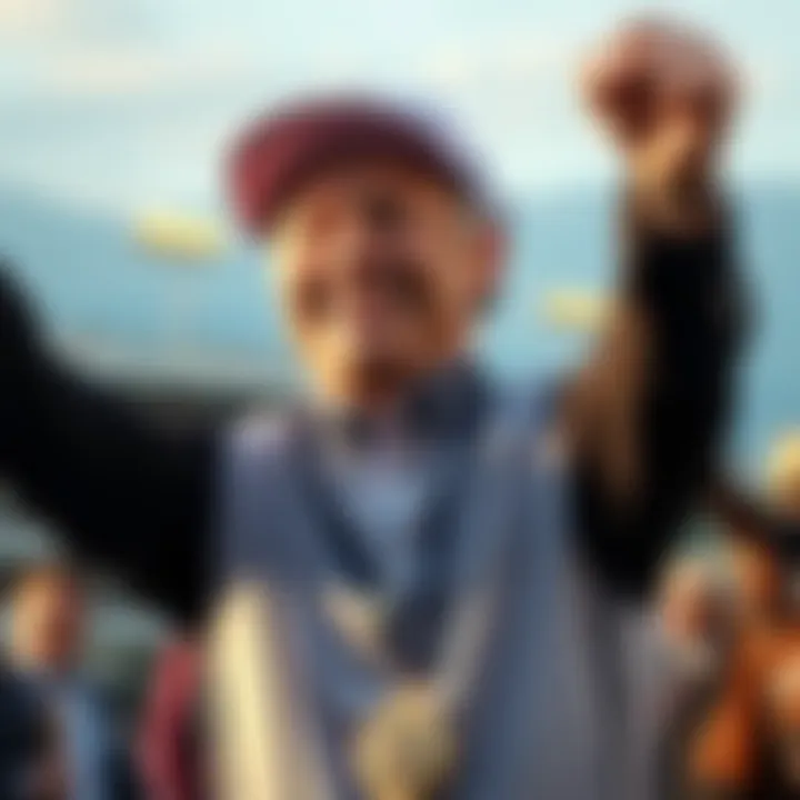 Todd Pletcher smiles and raises his fist in victory after his first win as a racehorse trainer.