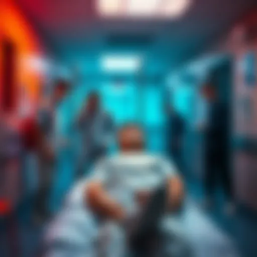 Tom being processed in a psychiatric facility, with staff attending to him.