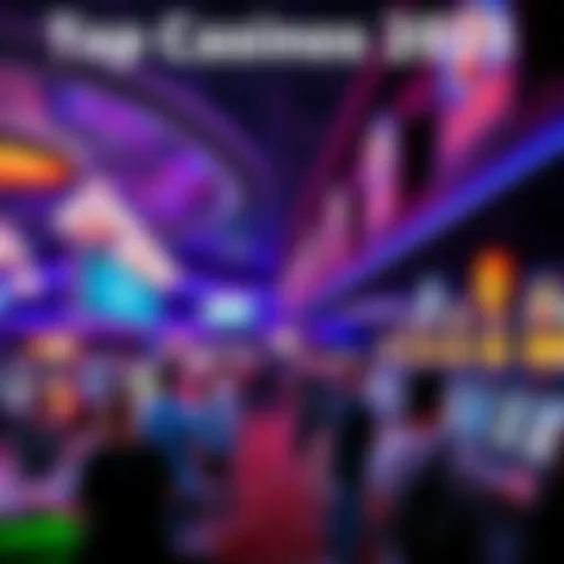 A vibrant scene of people enjoying games at a casino with bright lights and slot machines.