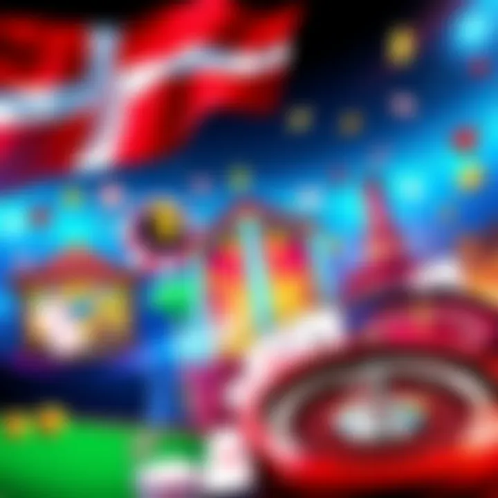 A colorful illustration showing popular online casino games like slots, roulette, and cards with a Danish flag in the background.